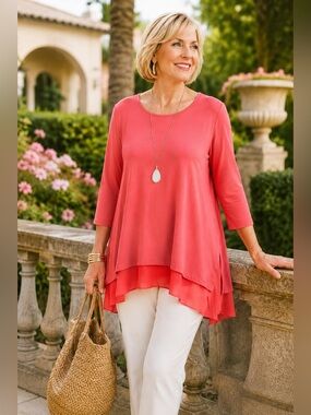 Soft Surroundings Marque Tunic Hot Coral 3X NWT Layered Hi-Low Top Lagenlook